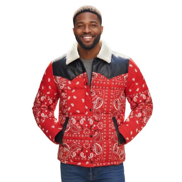 Levi’s Men’s Red Bandana Print Sherpa Collar Jacket XL, Western Puffer Style NWT - Picture 1 of 5